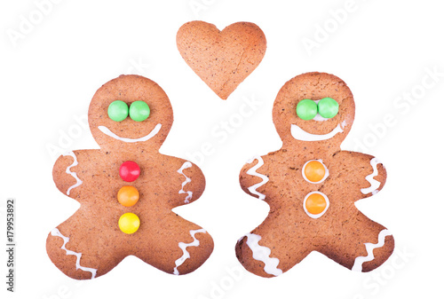 Men and heart of ginger cookies. Isolated on white background