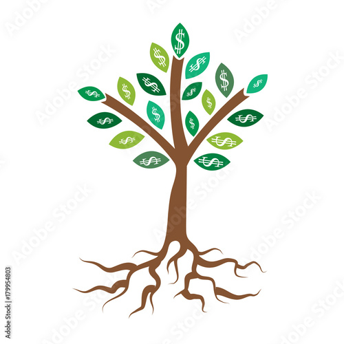 Money tree. Business concept with white dollar signs on the green tree leaves.