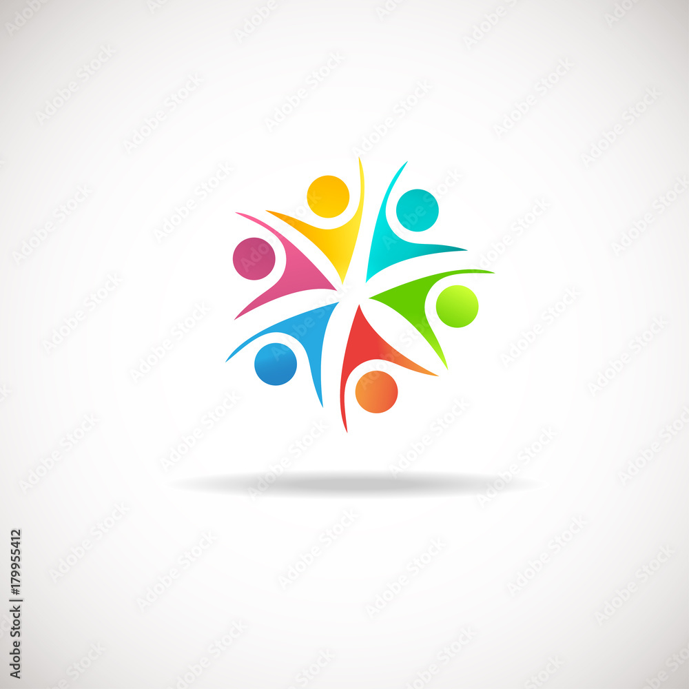 Abstract people logo, sign, icon. Blue, pink, green and yellow people symbols.