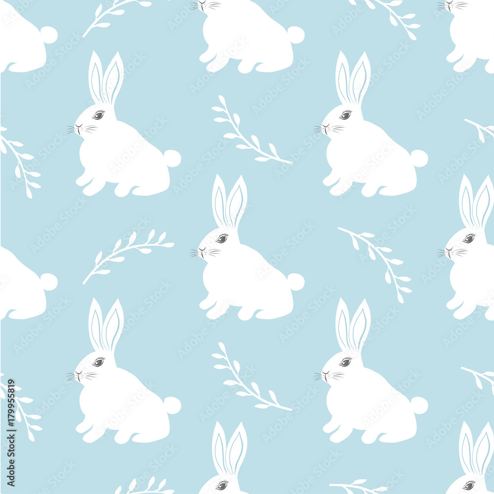 Seamless hare pattern. Cute little Bunny on a blue background. Cute rabbit vector design for fabric and decor Seamless hare pattern. Cute little Bunny on a blue background. Cute rabbit vector design for fabric and decor