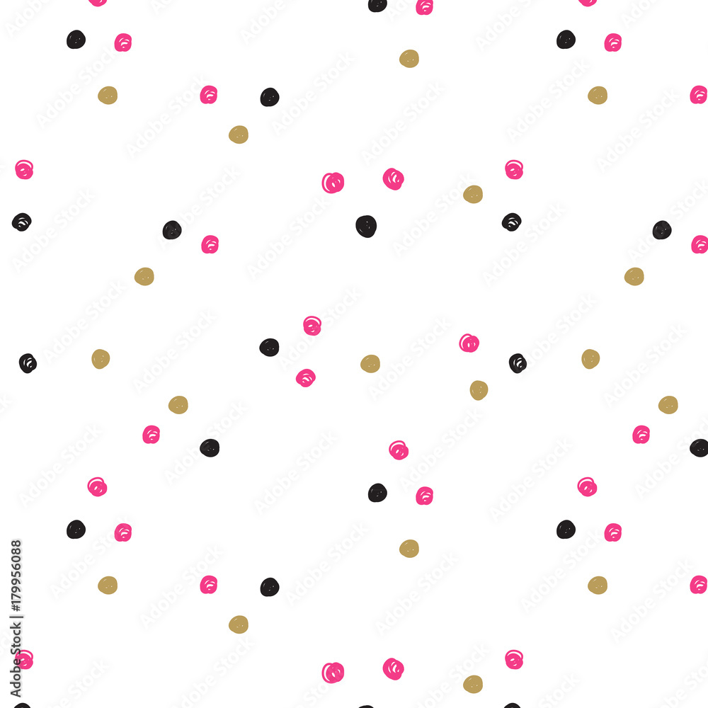 Vintage hand drawn doodle seamless pattern with black, pink and gold dots.