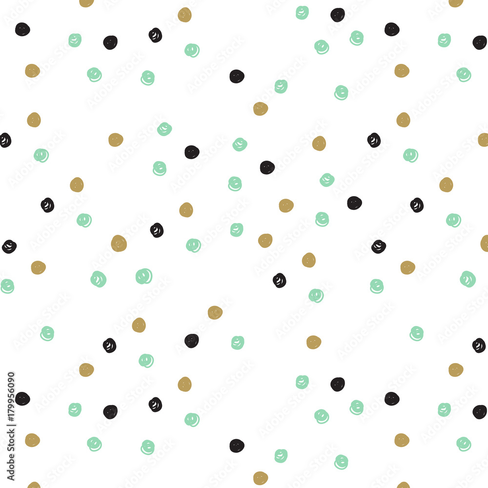 Vintage hand drawn doodle seamless pattern with black, pink and gold dots.