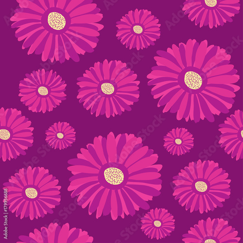 Seamless pattern with purple gerbera flowers on dark background.