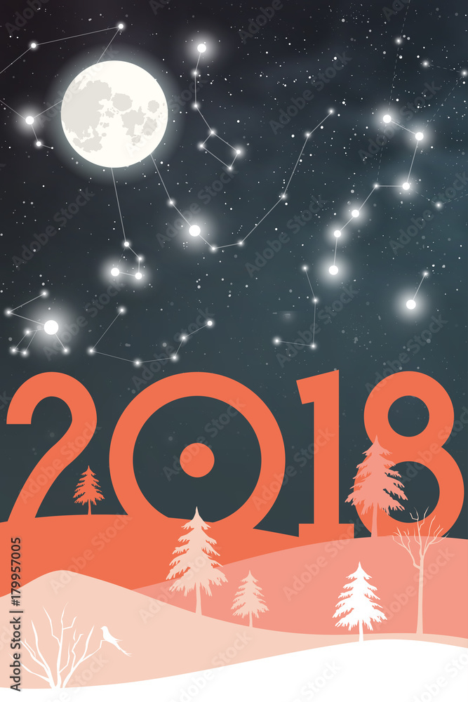 Winter scenery with galaxy and full moon on the sky. Happy 2018 New Year Christmas Card in magenta shades featuring fir trees, snow, cosmos and stars. Winter scenery with galaxy and full moon on the sky. Happy 2018 New Year Christmas Card in magenta shades featuring fir trees, snow, cosmos and stars.