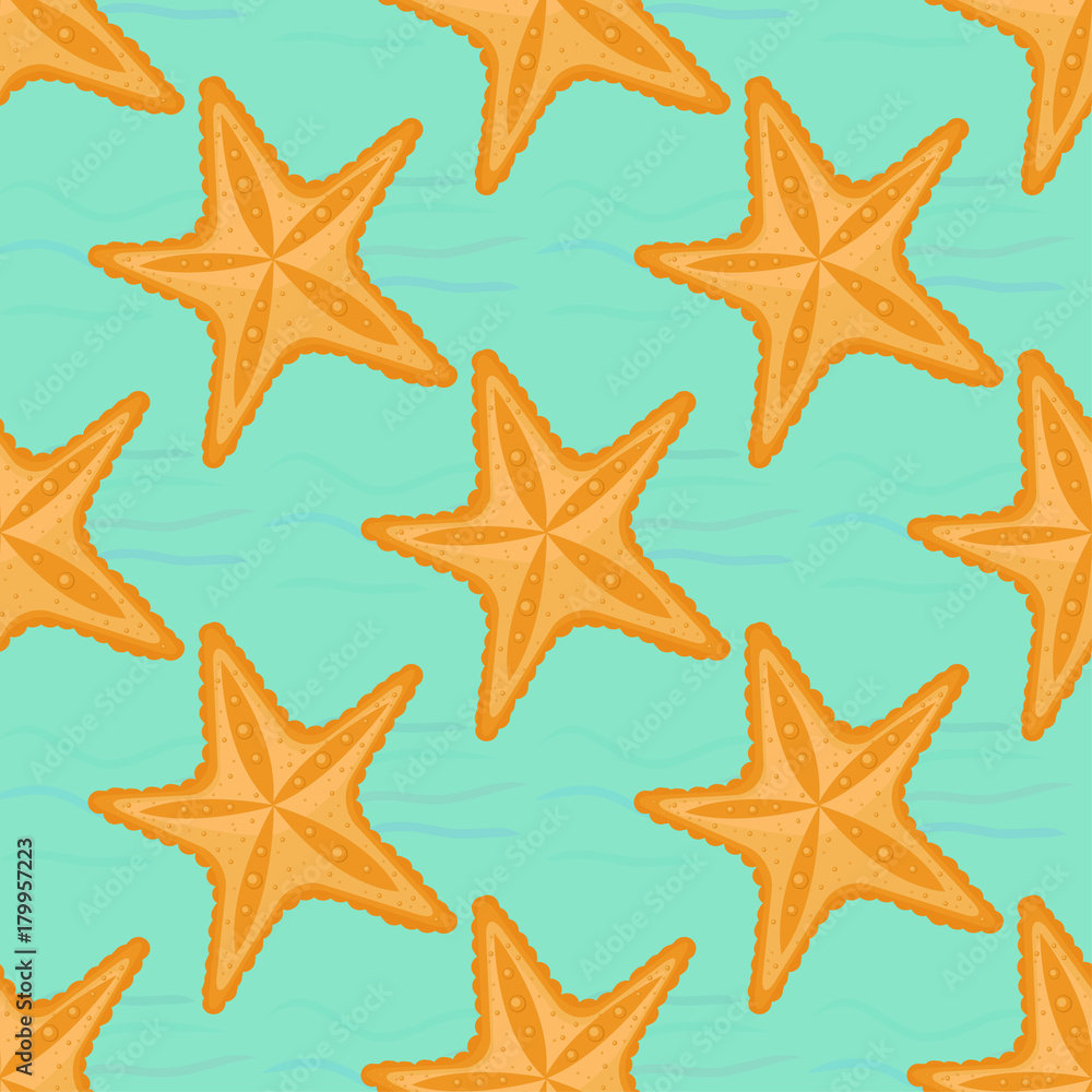 Background with waves and starfish, seamless sea pattern.