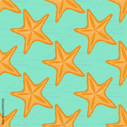 Background with waves and starfish, seamless sea pattern.