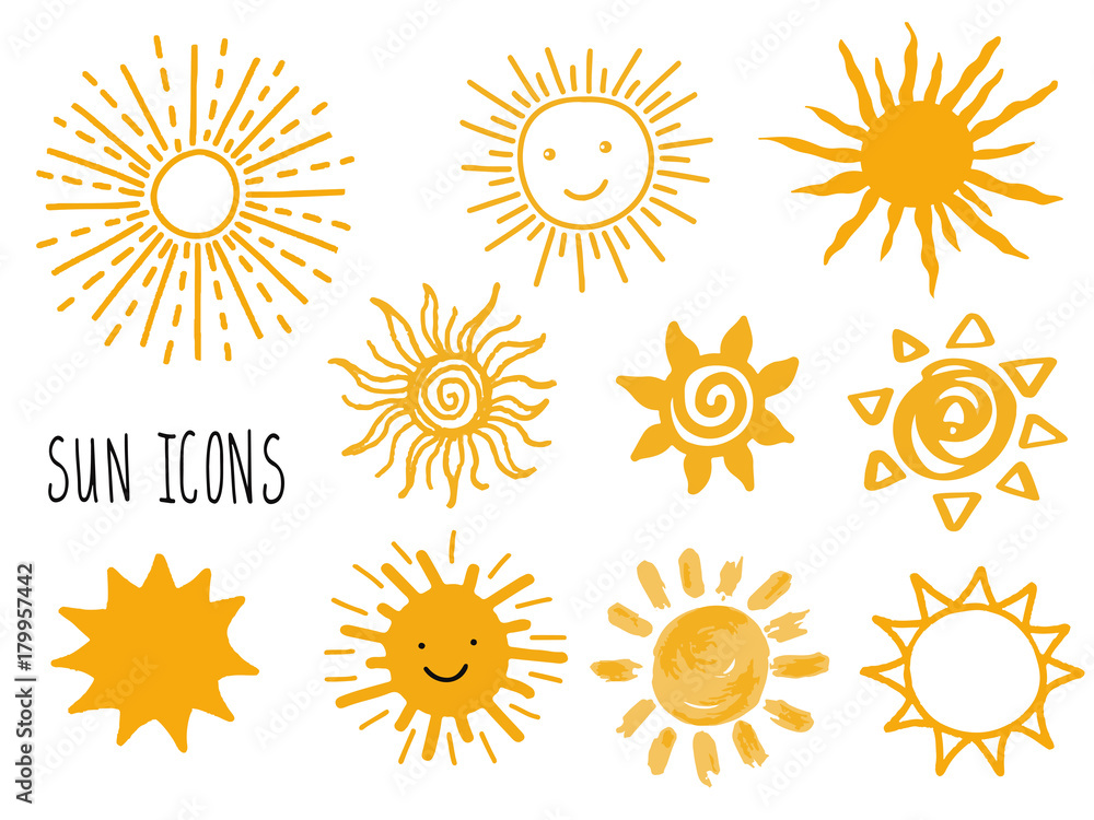 Hand drawn vector set of different suns icons isolated on white. Hand drawn vector set of different suns icons isolated on white.