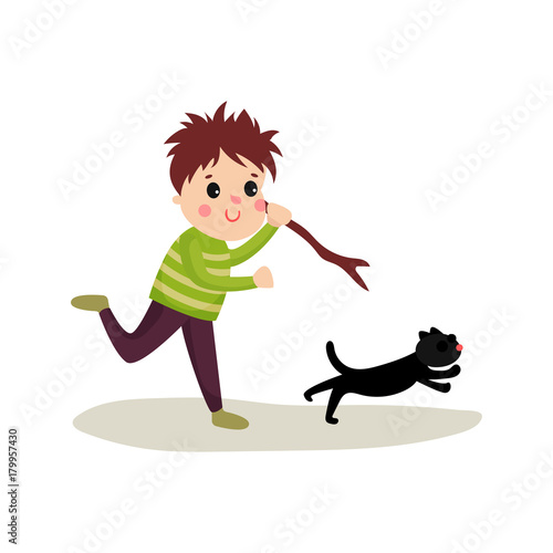 Rude boy running after cat with stick in his hand, cartoon bad kid character