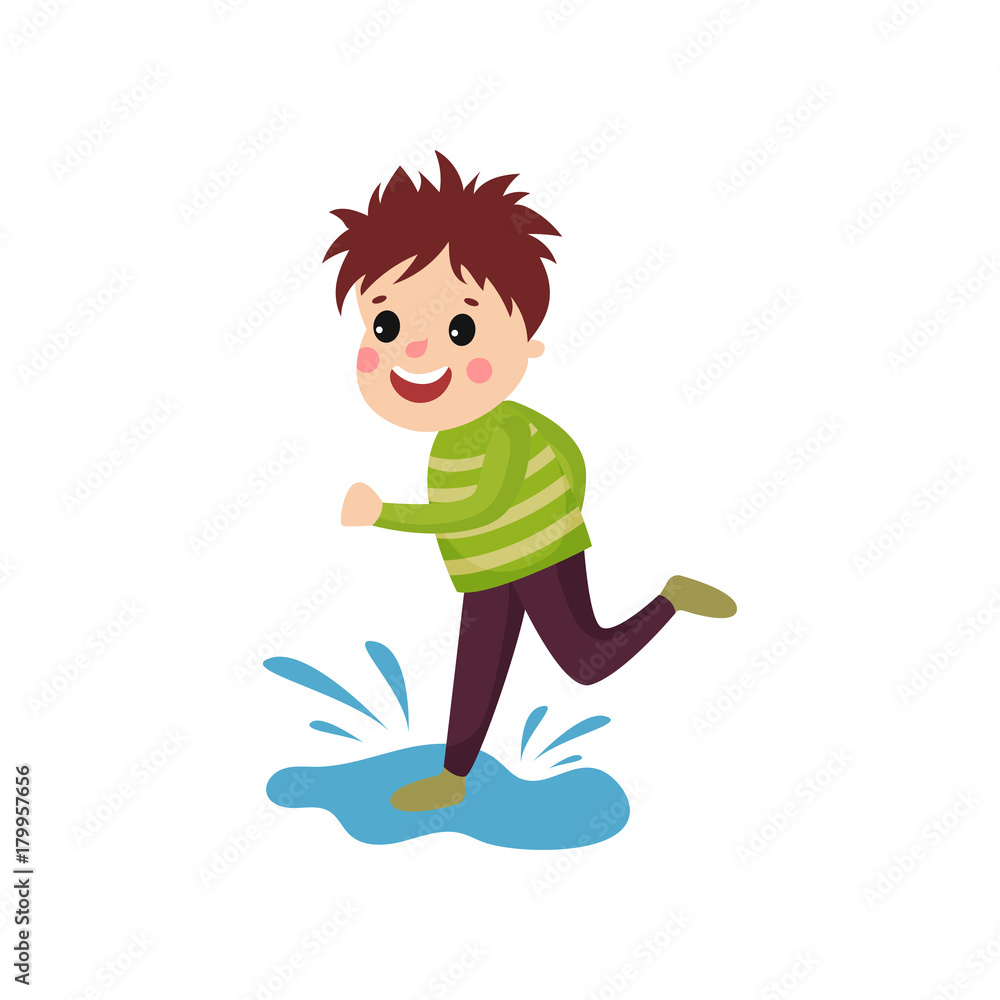 Mischievous little boy jumping on puddle, cartoon character of naughty boy  Stock Vector | Adobe Stock
