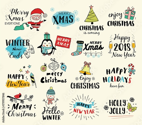 Christmas hand drawn tags, logos and elements set for Merry Christmas, Happy New Year. Vector illustration.