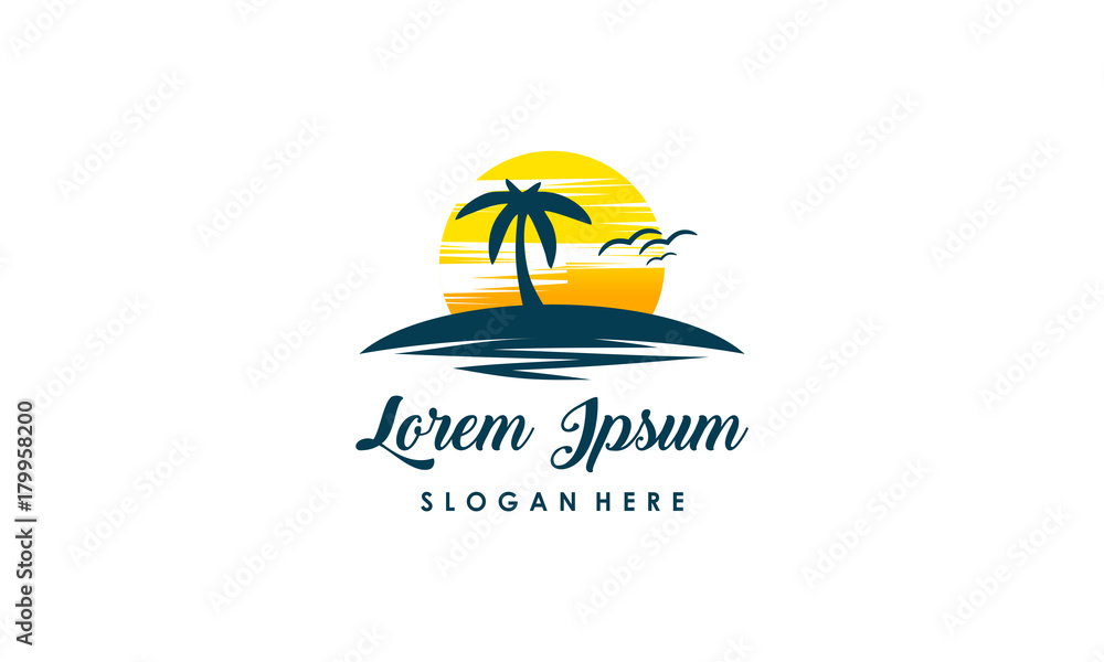 Summer Holidays Sunrise with Palms and wave Logo Design Summer Holidays Sunrise with Palms and wave Logo Design