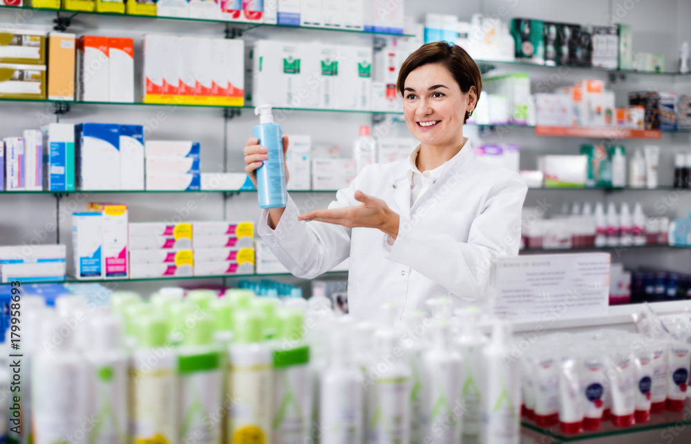 Female pharmacist suggesting useful body care products