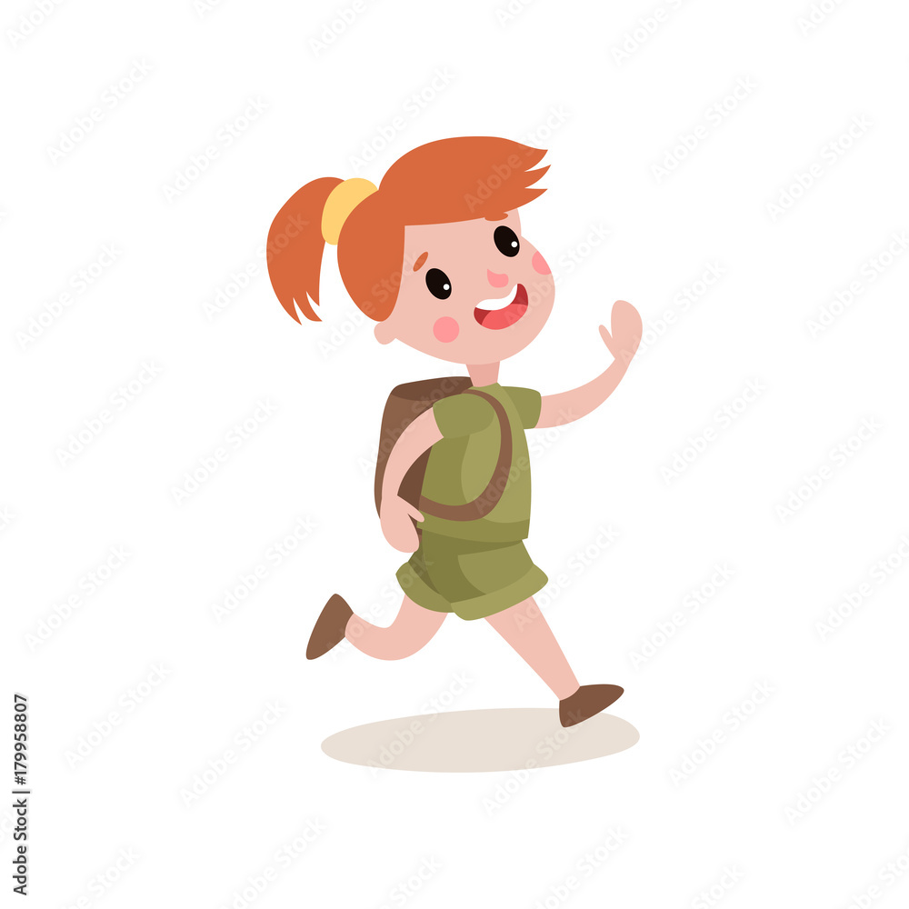 Red-haired girl scout running with cheerful face expression, summer camp activities Red-haired girl scout running with cheerful face expression, summer camp activities