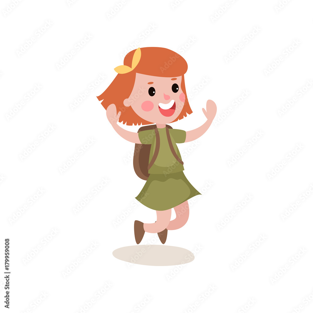 Joyful little girl scout character jumping with hands up isolated on white Joyful little girl scout character jumping with hands up isolated on white