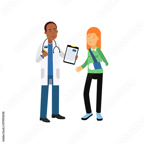 Character of black male doctor in white medical coat and woman patient with broken arm in bandages