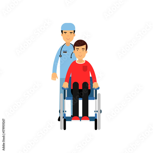 Cartoon flat character of doctor with patient in wheelchair, healthcare service