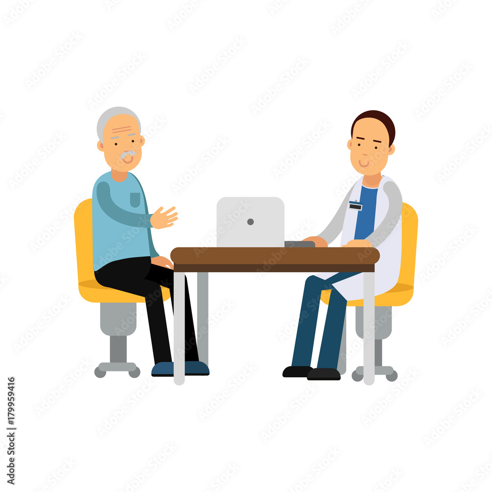 Male therapist in uniform sitting behind table and talking with old man patient