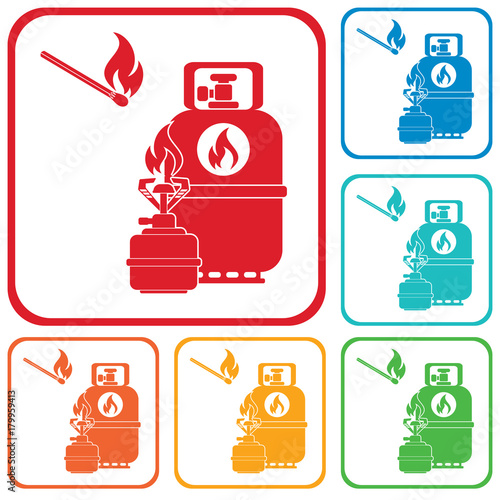 Camping stove with gas bottle icon vector
