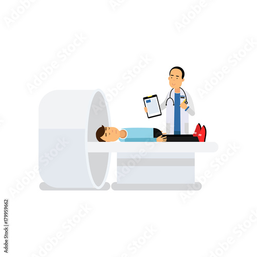 Male doctor with paper tablet in hand examining patient on computed tomography scanner