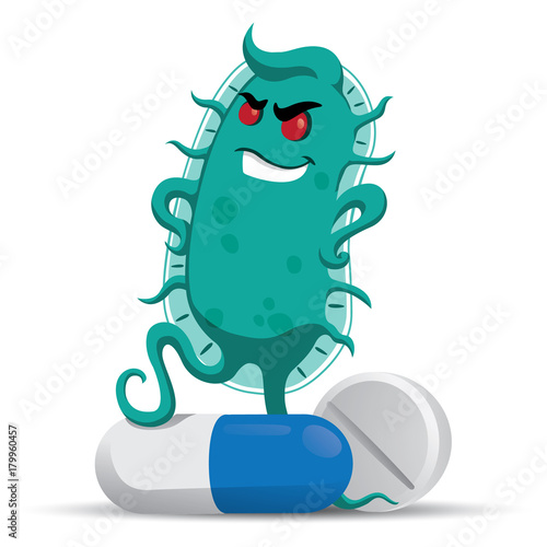 Concept of resistance to antibiotics. Creature superbug a microorganism stepping on medicines and antibiotics with air of superiority.  medicinal materials on ineffective antibacterial therapy photo