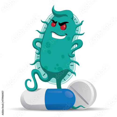Concept of resistance to antibiotics. Creature superbug a microorganism stepping on medicines and antibiotics with air of superiority.  medicinal materials on ineffective antibacterial therapy