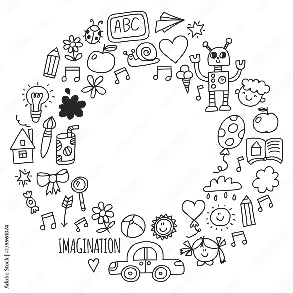 School, kindergarten. Happy children. Creativity, imagination doodle icons with kids. Play, study, grow Happy students Science and research Adventure Explore School, kindergarten. Happy children. Creativity, imagination doodle icons with kids. Play, study, grow Happy students Science and research Adventure Explore
