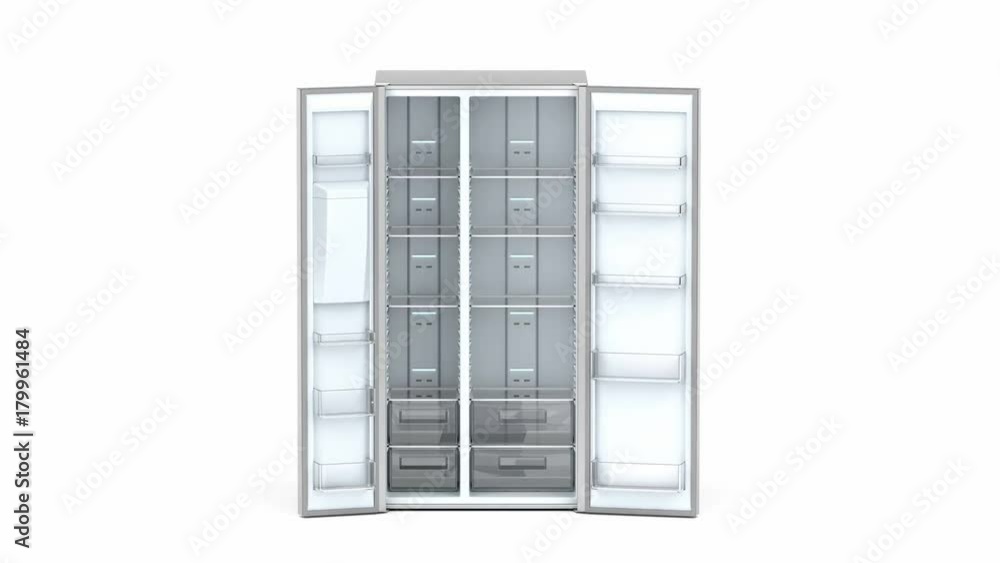Empty side-by-side refrigerator, opening and closing the doors Empty side-by-side refrigerator, opening and closing the doors