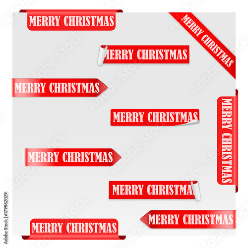 Set of Merry Christmas Red Label Ribbons. Vector illustration Isolated on white background.