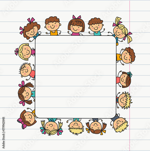Frame with kids School, kindergarten. Happy children. Creativity, imagination doodle icons with kids. Play, study, grow Happy students Science and research Adventure Explore