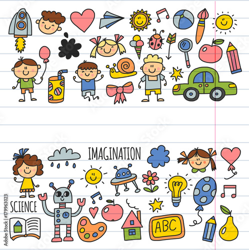 School, kindergarten. Happy children. Creativity, imagination doodle icons with kids. Play, study, grow Happy students Science and research Adventure Explore