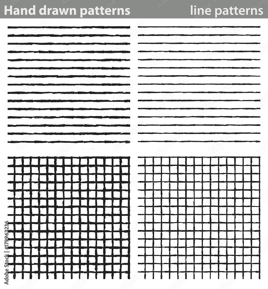 Fototapeta premium Hand drawn patterns, line patterns. Four seamless patterns made with lines drawn by hand.