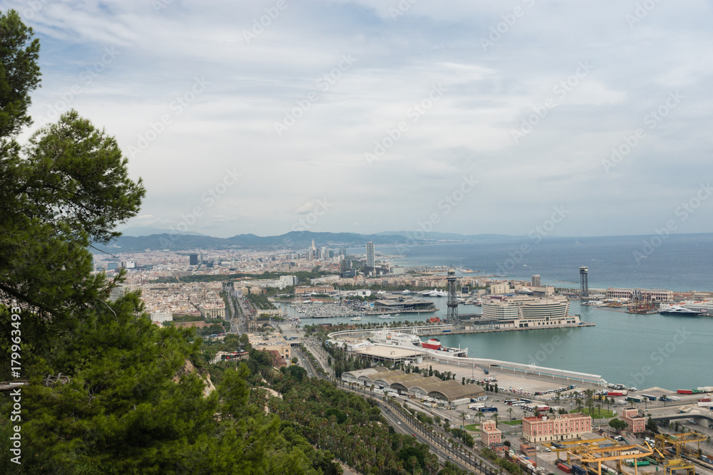 Aerial view from Montjuic of Barcelona, Spain