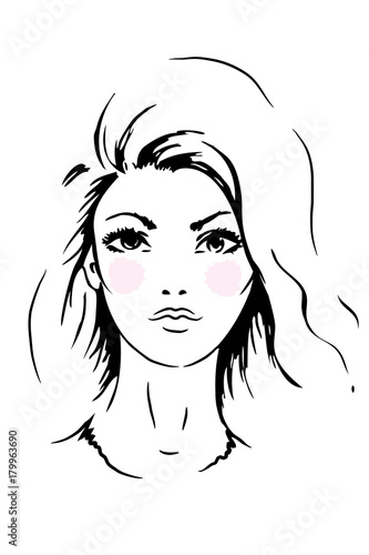 Face woman sketch,volumized waves hairstyle. Fashion portrait, vector illustration. Black lines isolated on white background.