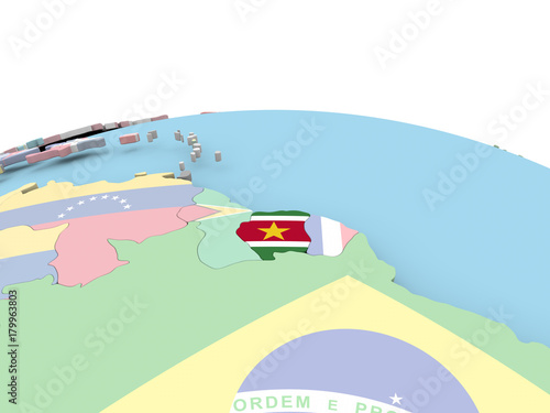 Flag of Suriname on bright globe
