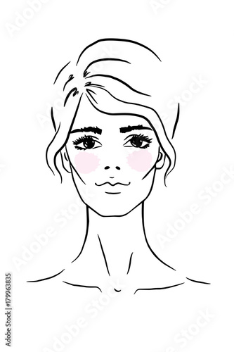 Face woman sketch, updo hairstyle. Fashion portrait, vector illustration. Black lines isolated on white background.