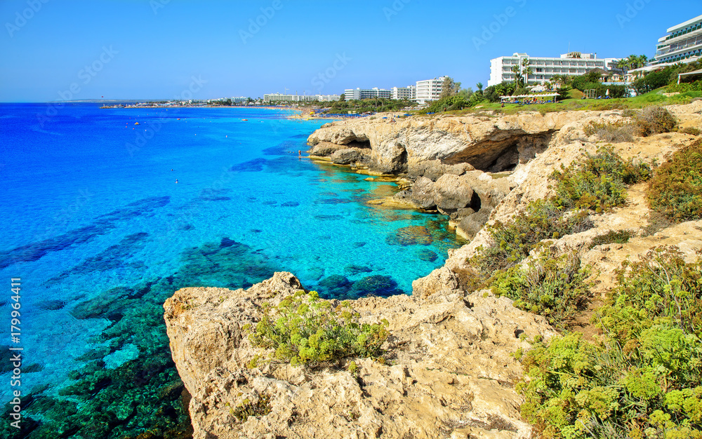 Ayia Napa coastline. Mediterranean sea of turquoise color near Cyprus.