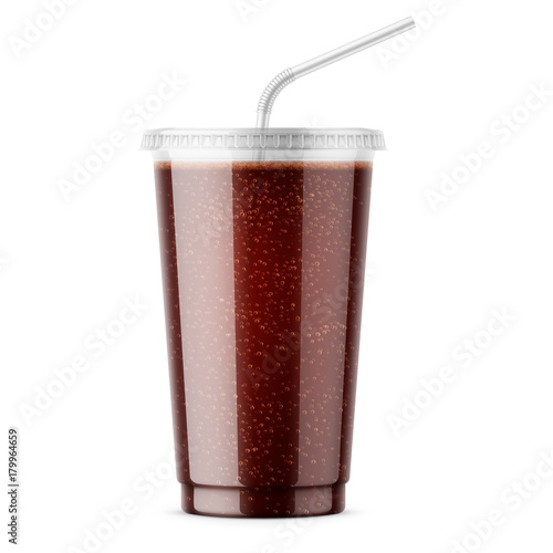 Clear disposable plastic cup with cola.