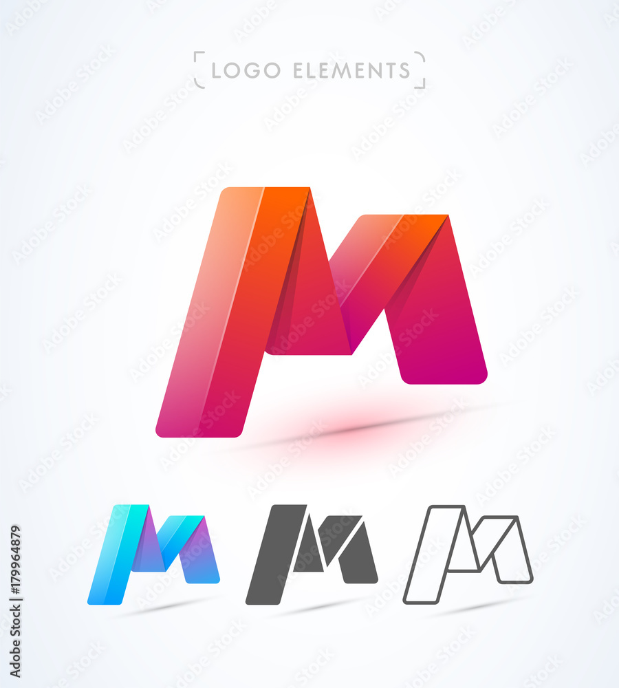 Origami letter M logo template. Vector abstract icon collection. Material design, flat, line-art style