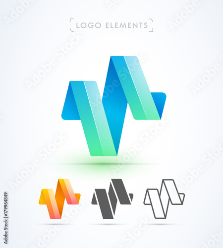 Vector abstract origami music wave logo template, ribbon. Material design, flat and line-art style