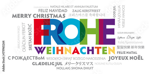 Frohe Weihnachten übersetzt in viele Sprachen. Fröhliche bunte Weihnachtskarte