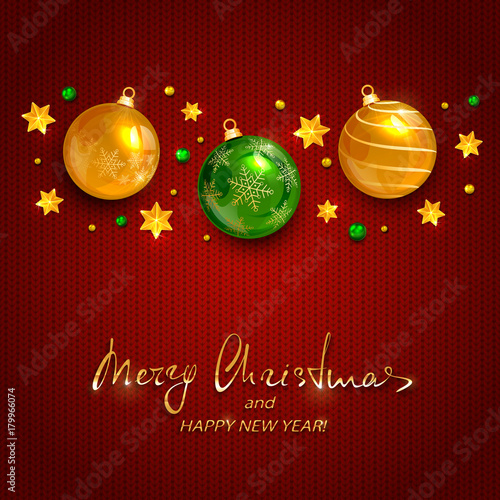 Holiday decorations with Christmas balls on red knitted background