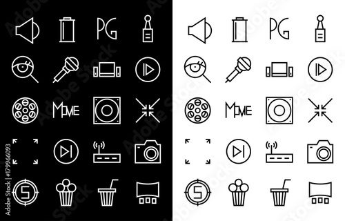 Flat vector icons with a thin line. Set for mobile applications. Cinema