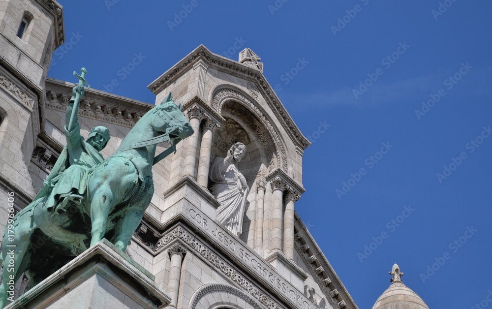 Architectural detail of Sacre-coeur basilica, famous landmark in Paris, France