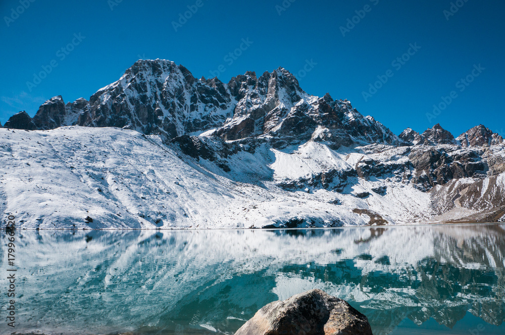 beautiful landscape with snowy mountains and lake