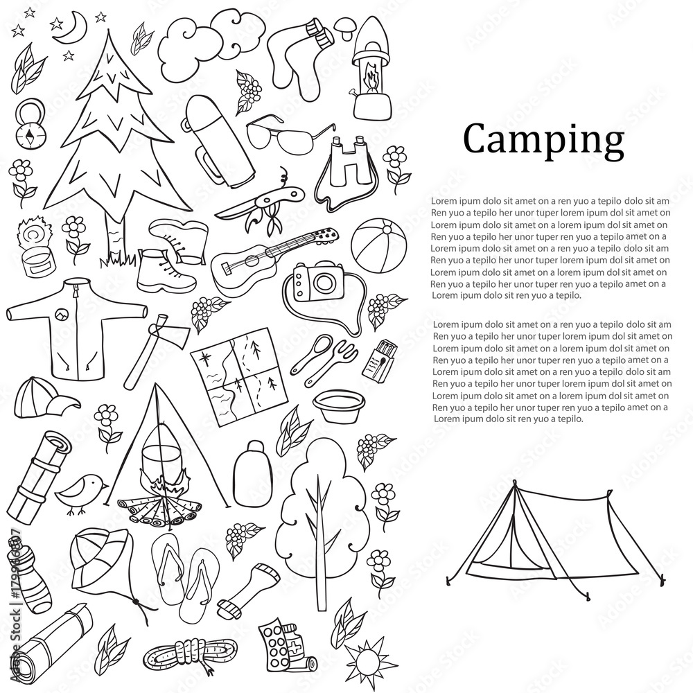 Set of hand drawn sketch camping equipment symbols and icons. Vector illustration. Set of hand drawn sketch camping equipment symbols and icons. Vector illustration.