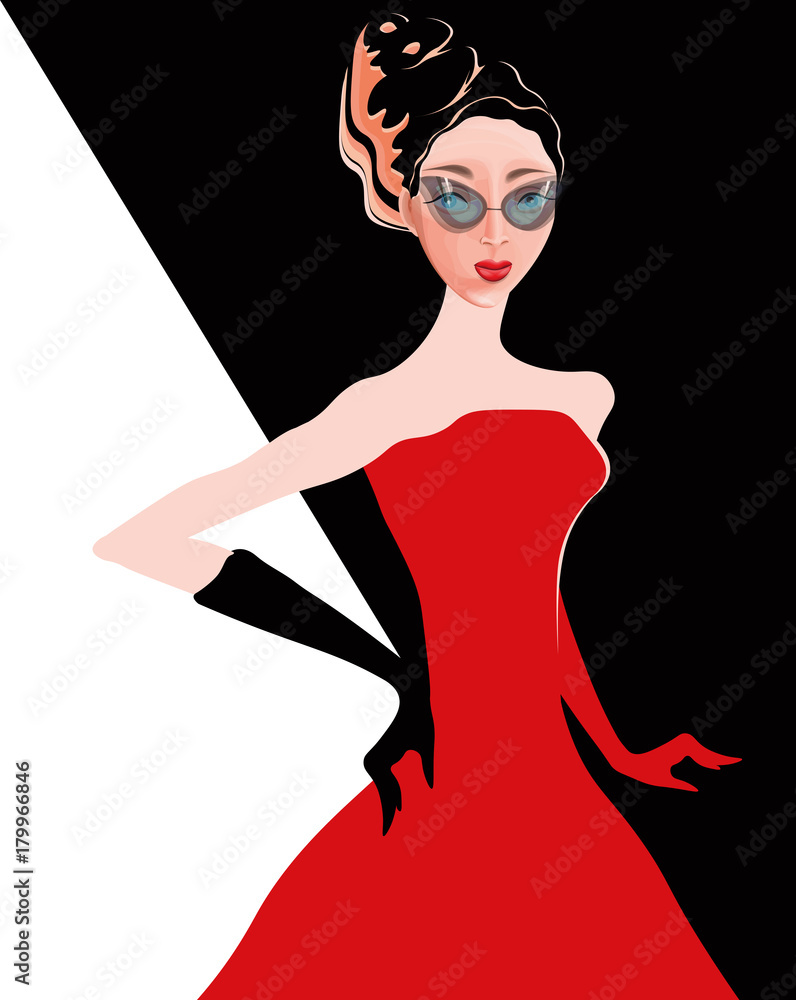 vector illustration with a beautiful young woman in red dress and glasses vector illustration with a beautiful young woman in red dress and glasses