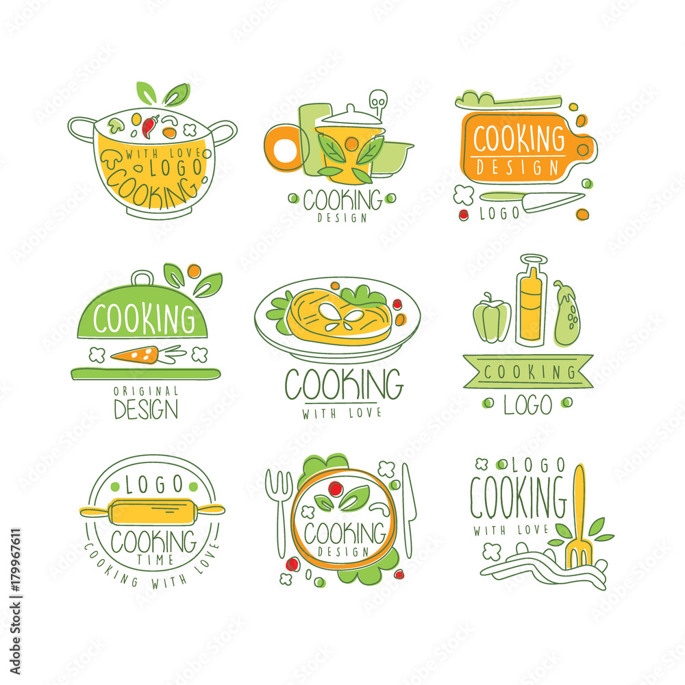 Cooking logo original design, cooking with love badge for restaurant or home kitchen hand drawn vector Illustration