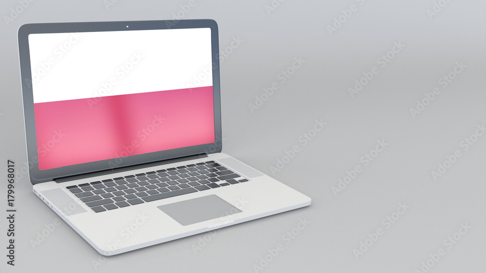 Opening and closing laptop with flag of Poland on the screen. Tourist service, travel planning or cultural study concepts 3D rendering Opening and closing laptop with flag of Poland on the screen. Tourist service, travel planning or cultural study concepts 3D rendering