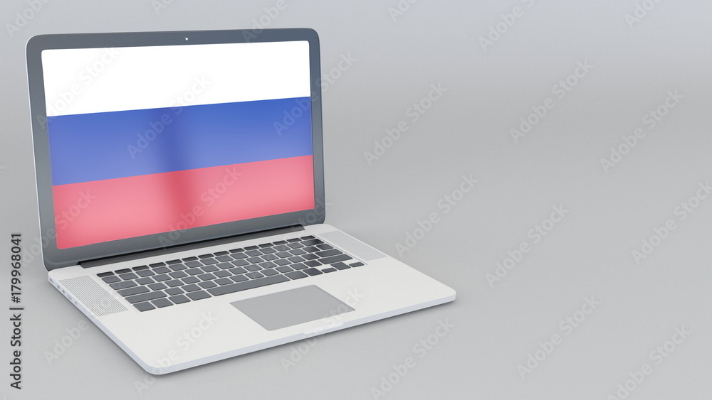 Opening and closing laptop with flag of Russia on the screen. Tourist service, travel planning or cultural study concepts 3D rendering Opening and closing laptop with flag of Russia on the screen. Tourist service, travel planning or cultural study concepts 3D rendering