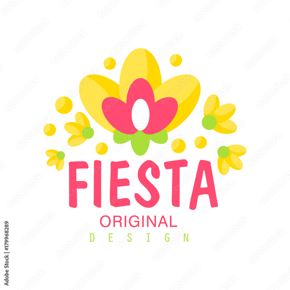 Fototapeta premium Fiesta original logo design, colorful label with flowers for a holiday or festival vector Illustration